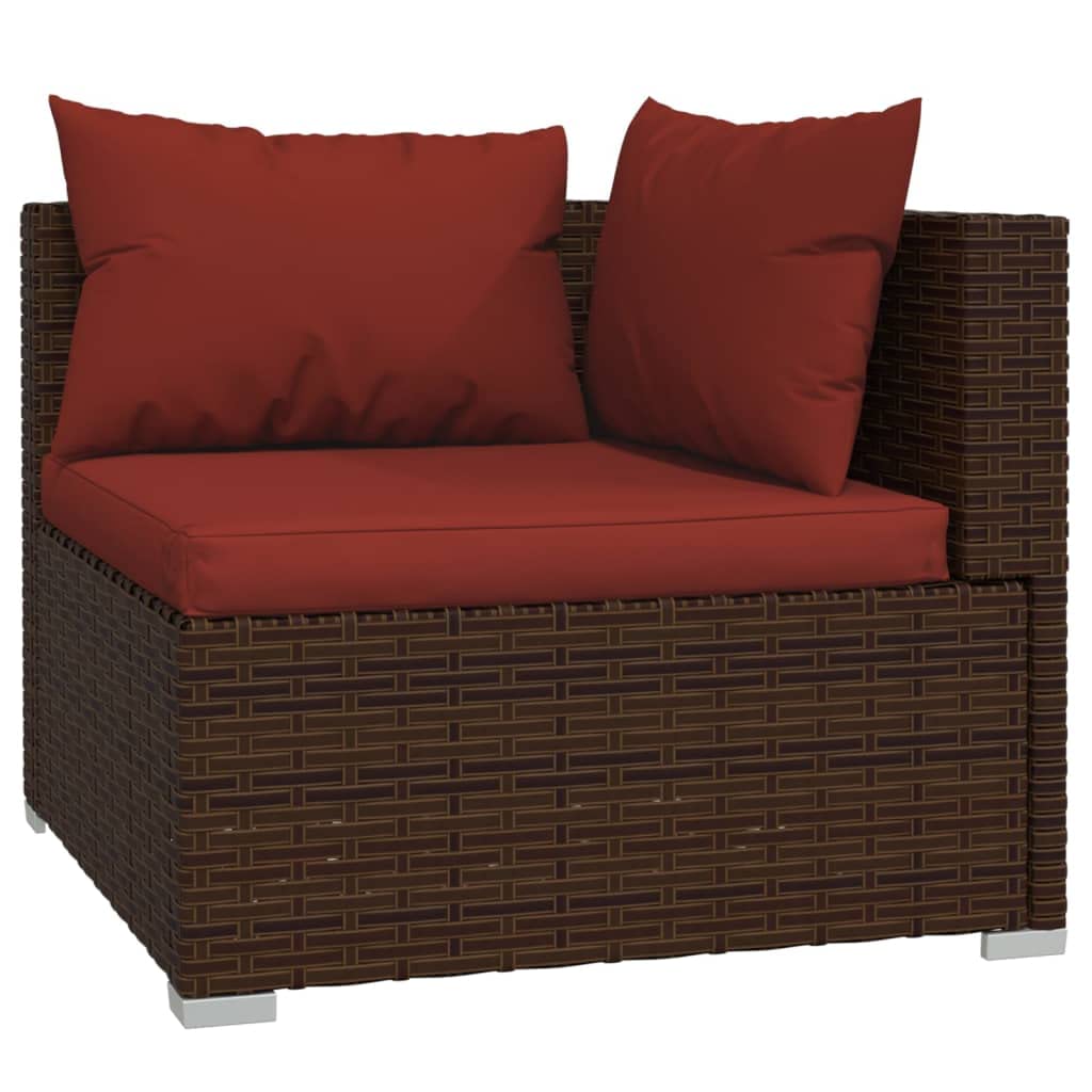 9-częściowy zestaw wypoczynkowy ogrodowy z poduszkami, modułowa sofa outdoorowa z rattanu PE w kolorze brązowym, malowana proszkowo rama stalowa, hydrofobowa tapicerka, chromowane nóżki z