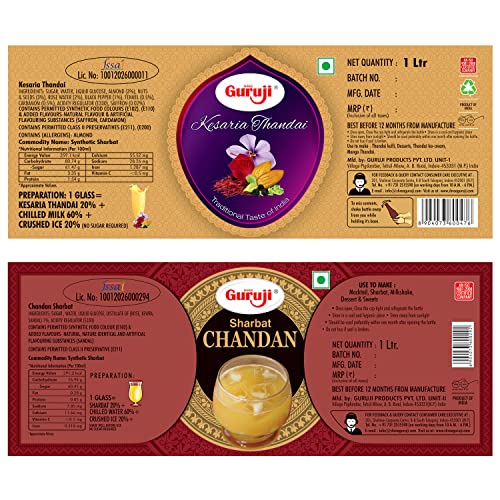 Image of Shree Guruji Kesaria Thandai & Chandan Sharbat Combo Pack Milk Beverage Instant Refreshing Drink for Summer Dry Fruit Syrup Sharbat (1 Litre)