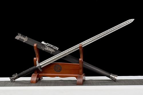 Miniatura 1 de Espada china, gran Han jian, espadas de entrenamiento reales (hoja grabada de acero al carbono forjado, accesorios de aleación, vaina de madera