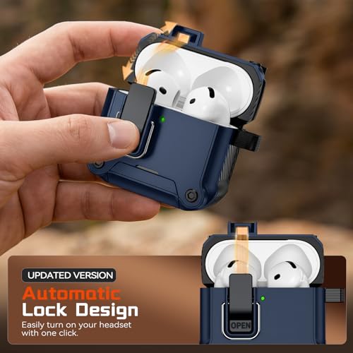 Image of Inesore for AirPods 4 Case with Secure Lock (Dark Blue) | Phone Stand Design,Compatible with MagSafe,Automatic Snap Switch Secure Cover with Cleaner Kit & Keychain