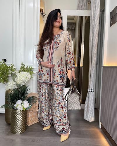 Image of GoSriKi Viscose Printed Straight Kurta with Palazzo for Women | Viscose Cream | Long Sleeve | Round Neck | Ethnic Wear Casual Wear