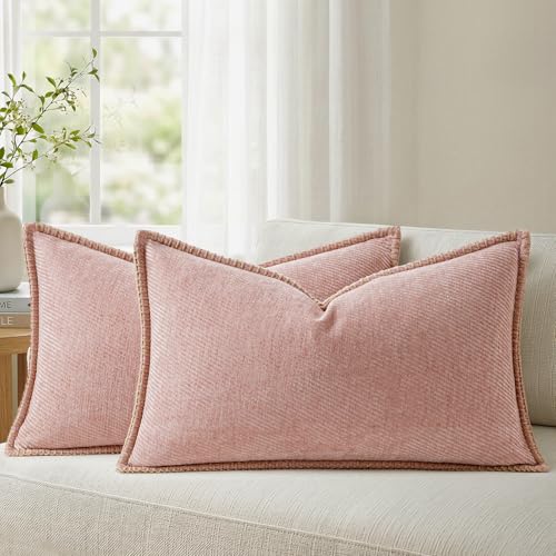 Image of a moment Pack of 2 Decorative Chenille Throw Pillow Covers with Twill Cushion Covers for Sofa Living Room Couch Bed 20x12 Inch,Crafted Border Blush Pink