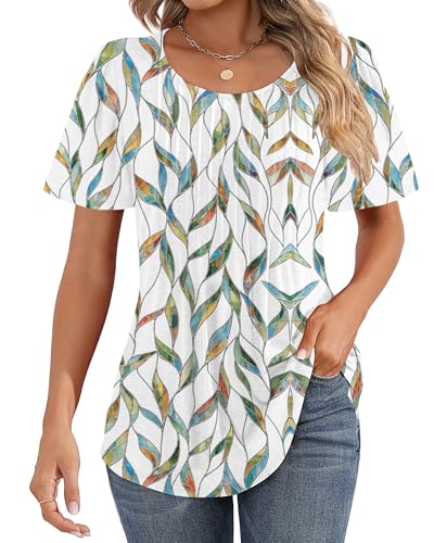 Cuptacc Tshirt Damen Rundhals Mit Falten Sommer Kurzarm T-Shirt Puffärmel Locker Tops Damen Blattmuster Blattmuster Groß L 42-44