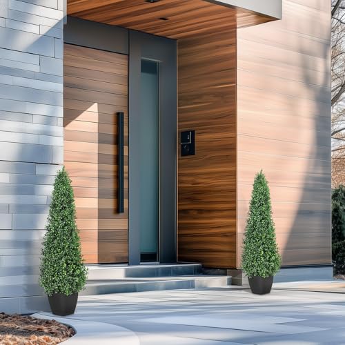 Artificial Boxwood Topiary Trees - Cone Shape Fake Plant with Modern Black Planter, 3FT Faux Outdoor Plants for Indoor Front Porch Plants Set of 2
