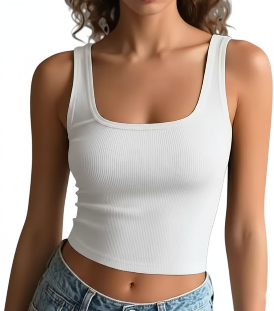 Women?s Cotton Blend Square Neck Sleeveless Summer Wear Crop Tank Top-picture-47