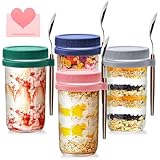 TOSUTO Overnight Oats,4 Pezzi 600ML Barattoli di Vetro Riutilizzabili,Vasetti Vetro con Coperchio e Cucchiai,Porta Yogurt Refrigerato,per yogurt,porridge,cornflakes e muesli Insalate Latte Cereali