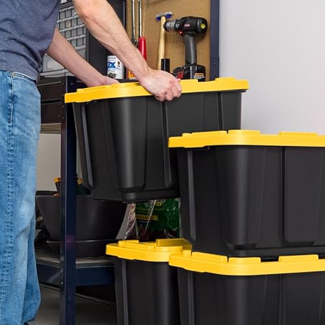 IRIS USA 12 Gallon Heavy Duty Truck Bed Toolbox Storage Tote Bins with Lids, 4 Pack - Made in USA, Tough Snap On Lockable Lid Stackable Industrial Rugged Tubs, Garage Organization Box - Black/Yellow