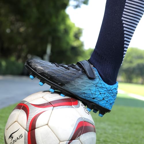 Skerxut Soccer Cleats, Kids Firm Ground Football Shoes, Boys Girls Athletic Outdoor (Black/Blue, Big Kid, 1.5, Numeric, US Footwear Size System, Medium)