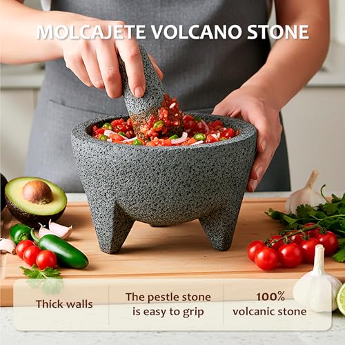 Image of Molcajete 8 in Mexican, Handmade with Natural Volcanic Stone, Artisanal Kitchen Utensil for Grinding with Pores for Crushing, Specially Designed for Grinding Spices, Sauces, and Guacamole
