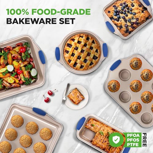 NutriChef ノンスティック耐熱皿6点セット - プレミアムカーボンスチールベーキングトレイ 耐熱シリコンハンドル付き - ローフパン、マフィン/カップケーキパン、ラウンド&スクエアロースターパン、クッキーシート付き - NCSBSG36