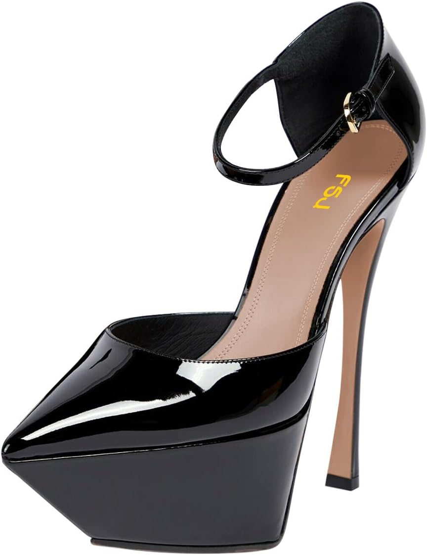 FSJ Women Elegant Platform Stiletto Heel Ankle Strap Pumps Pointed Toe Stunning High Heel Sexy Party Wedding Dress Shoes Size 4-16 US