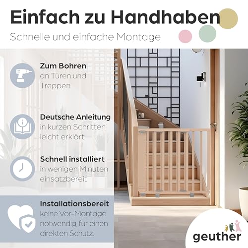 Geuther Türschutzgitter Oris | Treppenschutzgitter zum Anschrauben, Breite 78,5-133 cm | Stabiles Babygitter & Türgitter mit Schwenktür, sicherheitsgeprüft | Kindergitter aus Holz, naturbelassen