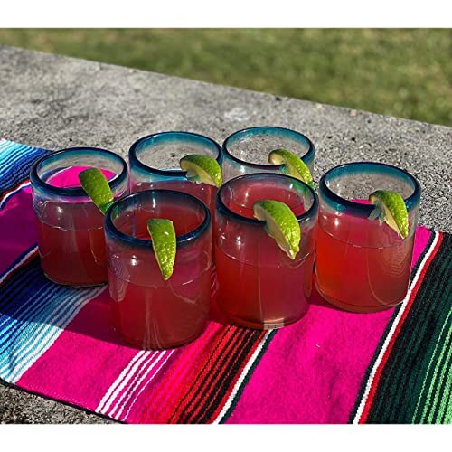Set de 6 vasos de vidrio soplado mexicano con borde azul miniatura 2