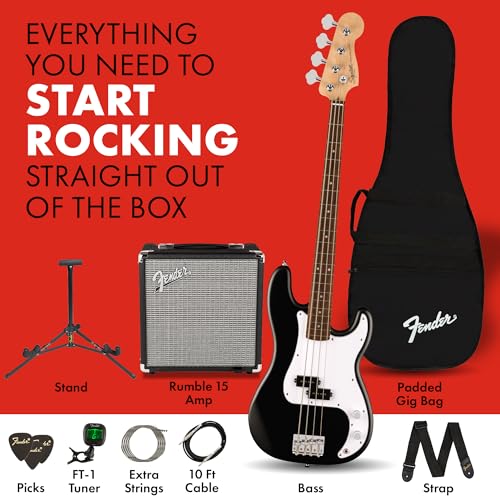 Image of Fender Squier Debut Series Precision Bass Guitar Pack, Beginner Guitar Pack, 2-Year Warranty, Includes Rumble 15 Amplifier, Padded Gig Bag, Instrument Cable, and More, Black with Satin Urethane Finish