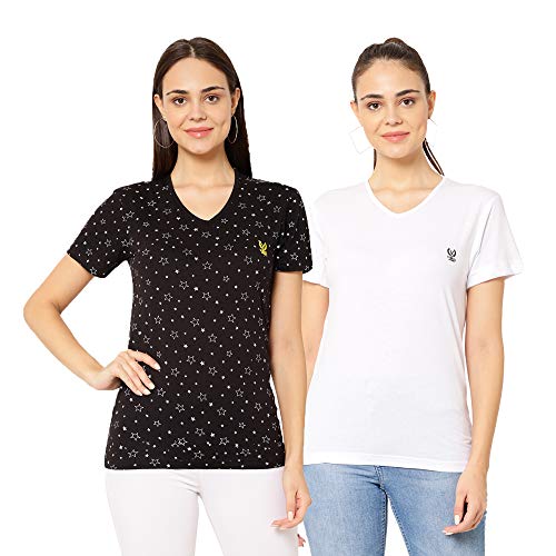 Image of Mack Jonney Cotton Blend V Neck Half Sleeve T-Shirt for Women Regular Fit (Pack of 2)