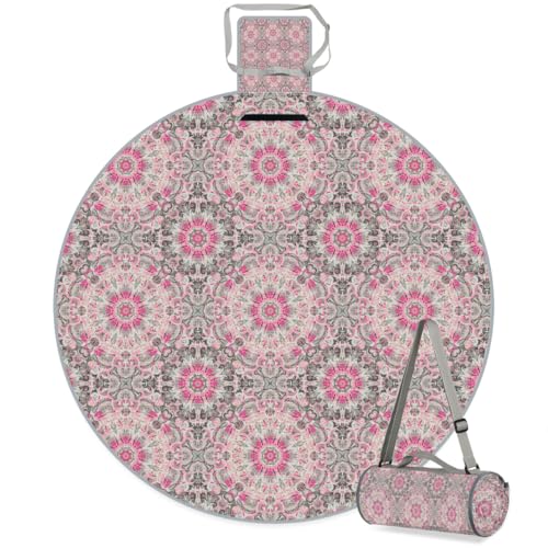Shimoshe Pink Mandala Print Picnic Outdoor Blanket Foldable Waterproof Sandproof Beach Blanket Portable Water-Resistant Round Picnic Mat for Travel Camping Park Lawn