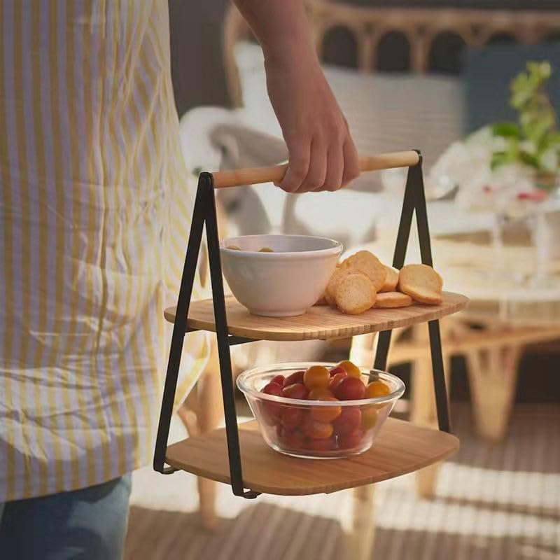 Deconox 2 Katlı Dikdörtgen Bambu Servis Sunum Seti Büyük Boy, Kuru Pasta, Kurabiye ve Kek Sunumları İçin Büyük Boy (34cm-26.5cm-16cm)