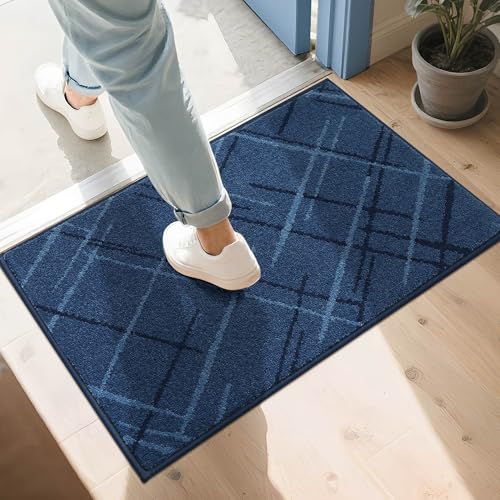 COSY HOMEER Front Door Mat Low Profile Non-Slip Doormat for Entryway Absorbent Dirt Trapper Washable Entrance Mat Sturdy Polyester Doormats (32x20 Blue)