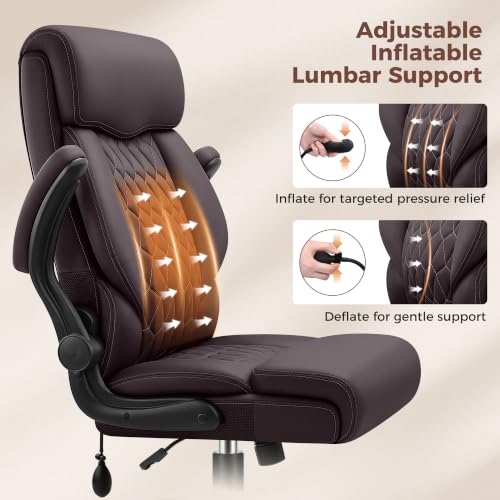 Image of Ergonomic Office Chair with Lumbar Support, Executive Leather Computer Desk Chair with Flip Up Arms & Rocking Function, High Back Big and Tall Comfortable Gaming Chair for Home Office