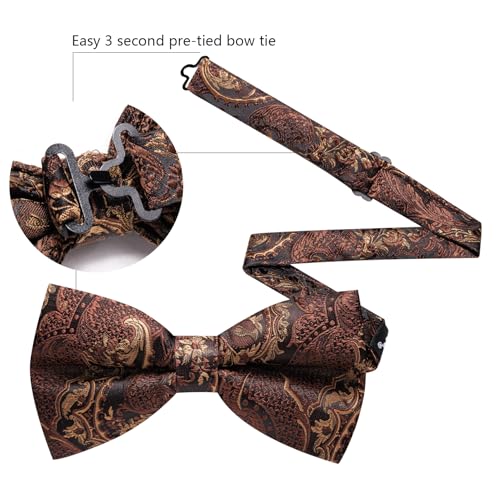 Image of YOHOWA Mens Bow Tie Set Paisley Pre-tied Bowties Adjustable with Handkerchief Cufflinks Gold Ring Set Wedding Prom Party