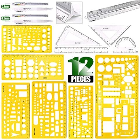 Keadic 12 Pcs Geometric Drawings Templates Kit with Measuring Templates Building Geometric Drawing Rulers, Aluminum Architect Scale, Drafting Stencils Measuring Tools for Designing and Building Cover