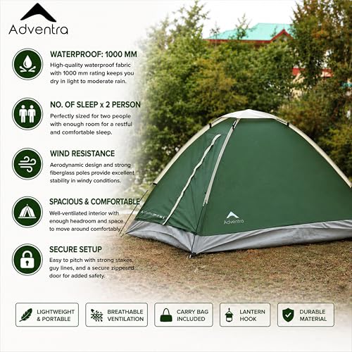 Image of 2 Person Camping Tent | Dome Tent | Water Resistant | UV Protection | Wind Ready | Portable | ET1102 | Green