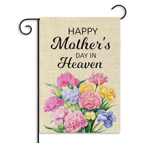 WATINC Mothers Day Carnation Garden Flag - 12 x 18 Inch Happy Mothers Day in Heaven Double Sided Linen Flag Grave Decorations Memorial Flower Farmhouse Yard for Mom Mama Grandma Cemetery Decor
