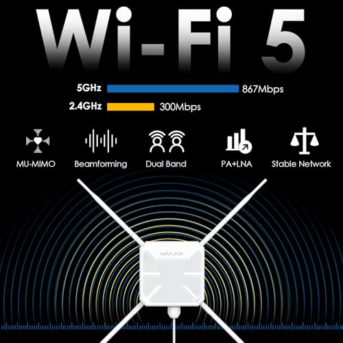 Image of WAVLINK AC1200 Outdoor WiFi Extender, Dual-Band Outdoor Access Point | IP65 Weatherproof Long Range WiFi Extender , 4x7dBi Antennas, Compatible Starlink for Farm, Yard, Garden