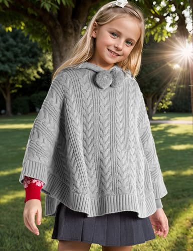 Image of BOBOYOYO Cape for Girls Hooded Cable Knit Poncho Sweaters Kids Shawl