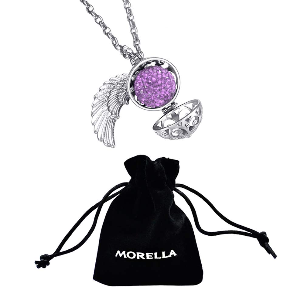 Morella Catenina Donna Angelo Custode in Acciaio Inox 70 cm con Ciondolo ad Ali di Angelo e Sfera zirconi Ø 16 mm in Sacchetto di Velluto