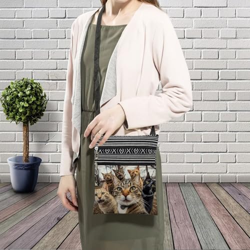 Women's Small Selfie Cats Crossbody Bag, Ethnic Pattern, Polyester, Zipper Closure, Adjustable Strap, 2 Pockets, Cat Lovers, Adults, Small Frame3