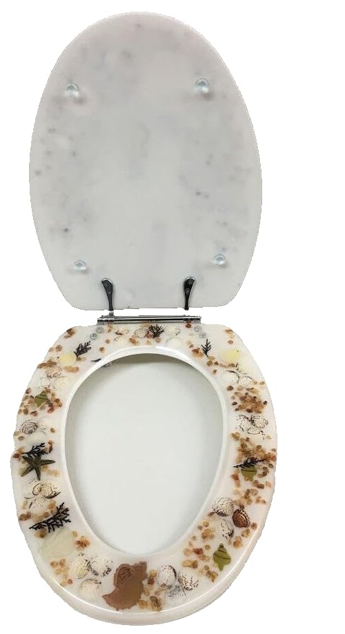 Super-Skin Elongated Ivory Seashell and Seahorse Resin Toilet SEAT, Chrome Hinges-L8