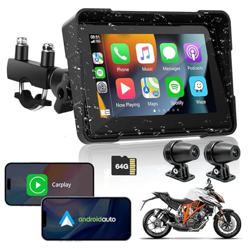 Carplay de Motocicleta y Android Auto, Euakee Carplay con Pantalla Táctil Impermeable de 5 Pulgadas, Sistema de Navegación GPS Inalámbrico Portátil para Motocicleta, Soportes de Montaje Incluidos