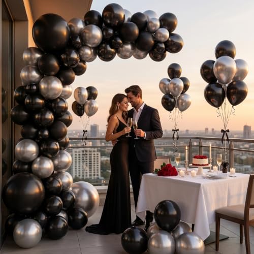 Image of Black and Silver Balloons Arch Kit,130pcs Metallic Black Balloons Garland