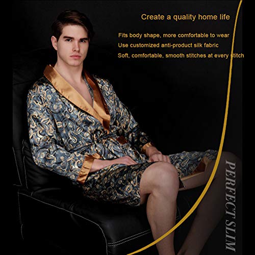 Mens Nightshirts Men's Artificial Silk Pajamas Men's Mid-Length Home Pajamas Long-Sleeved Home Wear Navy Blue XXL (Coffee XX)4