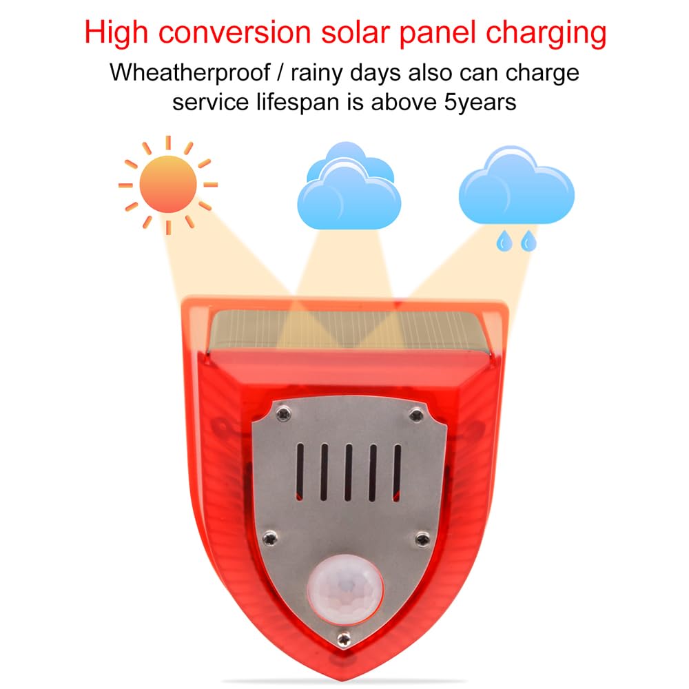 HUIOP Alarme détecteur de mouvement, lumière stroboscopique solaire avec capteur de mouvement PIR Alarme temporisée à induction du corps humain Lumière d'alarme Dispositif anti-vol pour animaux 3