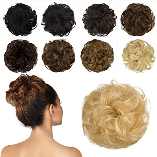 FESHFEN 100% Real Human Hair Bun Extension, Messy Bun Hair Piece Curly Hair Scrunchies Updo Ponytail Extensions for Women Girls Updo Donut Hairpiece Blonde