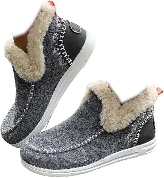 Womens Flat Fluffy Ankle Boots Slip-on Soft Plush Sneakers Fur Lined Warm Cozy Round Toe Thick Sole Casual