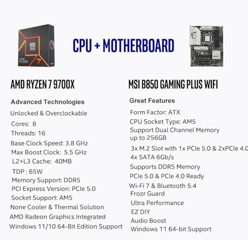 Image of Micro Center AMD Ryzen 7 9700X CPU Processor with MSI B850 Gaming Plus WiFi Motherboard (ATX, AM5, DDR5, PCIe 5.0, M.2 Gen5, Wi-Fi 7, 5G LAN)