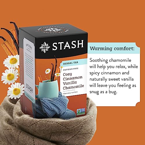 Image of Stash Tea Cozy Cinnamon Vanilla Herbal Tea - Naturally Caffeine Free, Non-GMO Project Verified Premium Tea with No Artificial Ingredients, 18 Count (Pack of 6) - 108 Bags Total