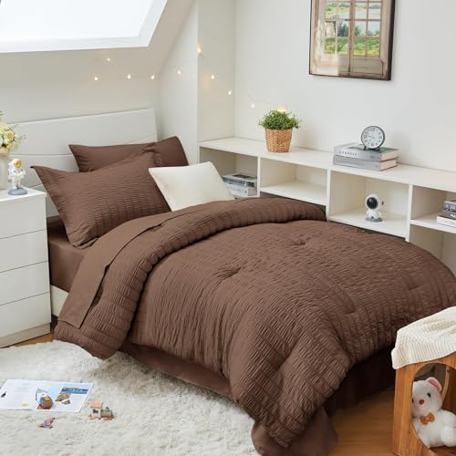 Image of HYMOKEGE Dark Brown Twin XL Comforter Set Seersucker 5 Pieces, All Season Luxury Bed in a Bag for Bedroom, Bedding Set with Comforter, Sheets, Pillowcase & Sham