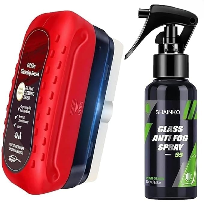 Image of Oil Film Cleaning Brush & Car Glass Cleaner Anti-Fog Spray | Windshield Defogger & Stain Remover for Interior & Exterior | Anti-Mist, Oil Stain Remover for Car Windows, Mirrors & Glass (1, Dark red)