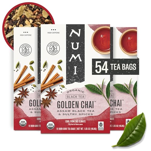 Numi Organic Golden Chai Tea, 18 Tea Bags (Pack of 3) Assam Black Tea, Cardamom, Ginger & Anise