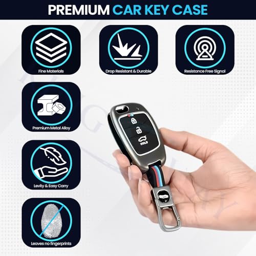 Image of KINGSWAY Hyundai Car Key Cover and Keychain Perfect Shape and Compatible with 3 Buttons Smart Key of All Hyundai Cars, Remote Key Shell, Key Case, Car Key Chain Cover, 360 Protection, Gunmetal Grey