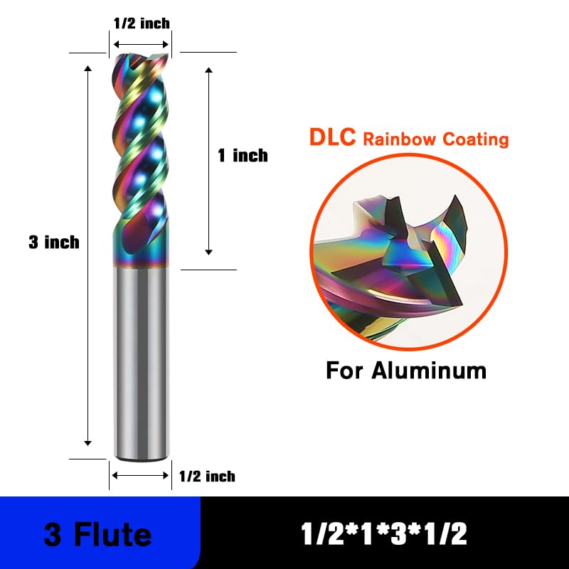 Image of 1 /2 inch Carbide Square End Mill Bits for Aluminum - 1 /2 inch Shank Dia,3'' Oal - 3 Flutes DLC Rainbow Coating - Durable