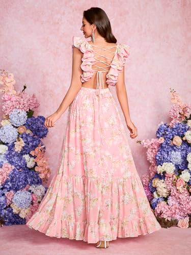 Image of Women's Summer Floral Print Straps Sleeveless V Neck Criss Cross Backless Chiffon Beach Boho Party Long Maxi Dress
