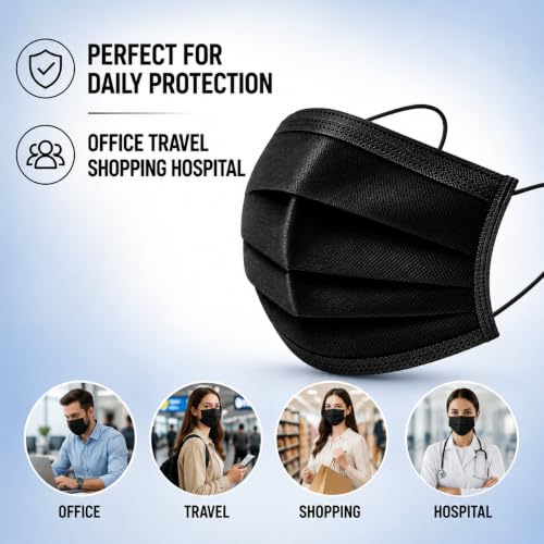 Image of Pack of 100 Disposable 3-Ply Face Mask | Soft on Skin | With Elastic Earloops and Nose Clip | Great For Office, School, Home, Kitchen and Outdoors | Unisex