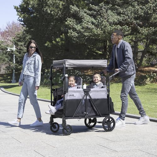 Delta Children - Jeep Aries Stroller Wagon - Premium Wagon for 2 Kids with Convertible Seats, Adjustable Push/Pull Handles, Removable Canopy & Flat Fold - Greenguard Gold Certified, Grey - image 2