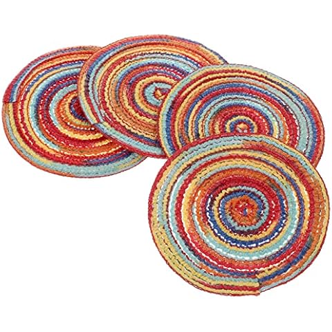 Wakauto 4 Pcs Boho Woven Coasters 4.32 Inch Round Handmade Braided Cotton Coasters for Desk Drinks Fabric Coasters - Tea Cup Pads Mats for Kitchen Dining Table Protection Red Cover