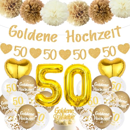 Goldene Hochzeit Deko Luftballons Girlande - Gold 50 Hochzeitstag Dekoration Banner Ballons und Tortendeko Riesen Zahlenballon Papier Pompons für 50. Jubiläum Partydeko